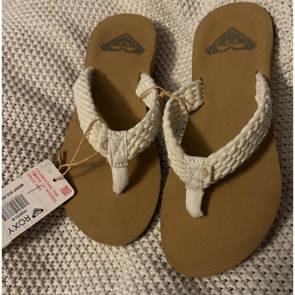 Roxy Women's Size 5 Porto III Flip Flop Sandals Braided Cotton White beach NWT